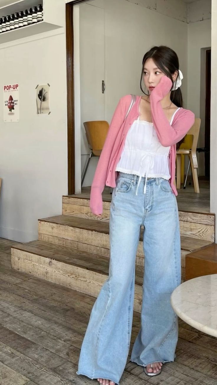 White Top with Pink Cardigan and Jeans